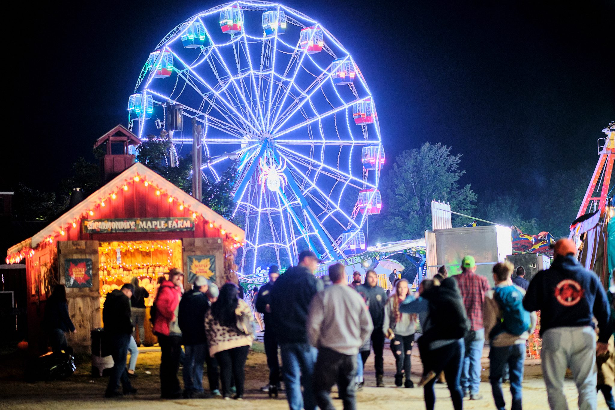 Nighttime scene at a fair with people gathered in front of a brightly lit Ferris wheel