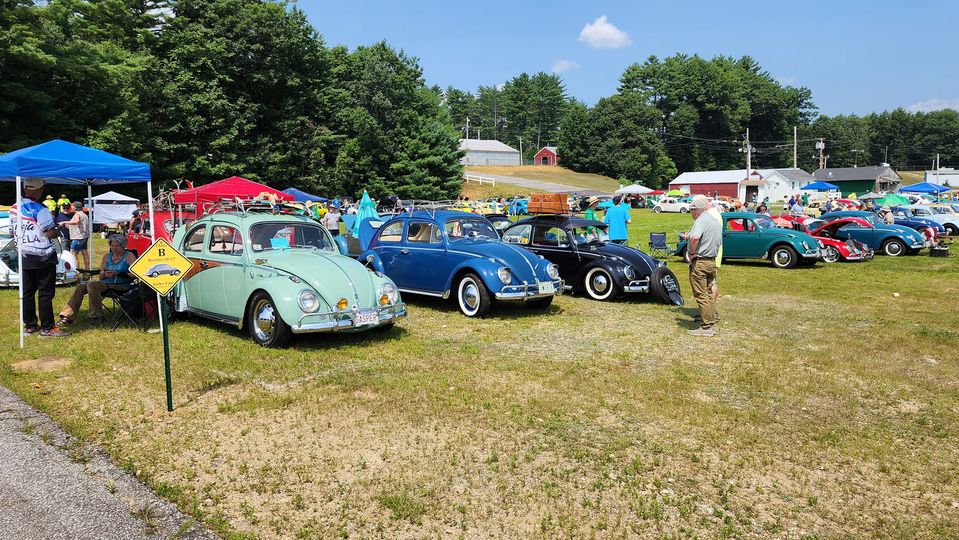 Lineup of classic Volkswagen Beetles in various colors displayed at an outdoor car show, with people gathered under tents and around the vehicles on a sunny day